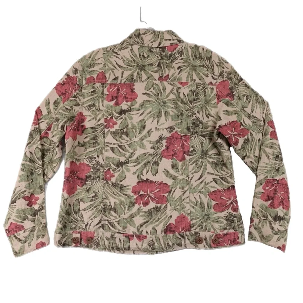 Charter Club 100% Linen Tropical Floral Jacket Medium Hibiscus Green Red